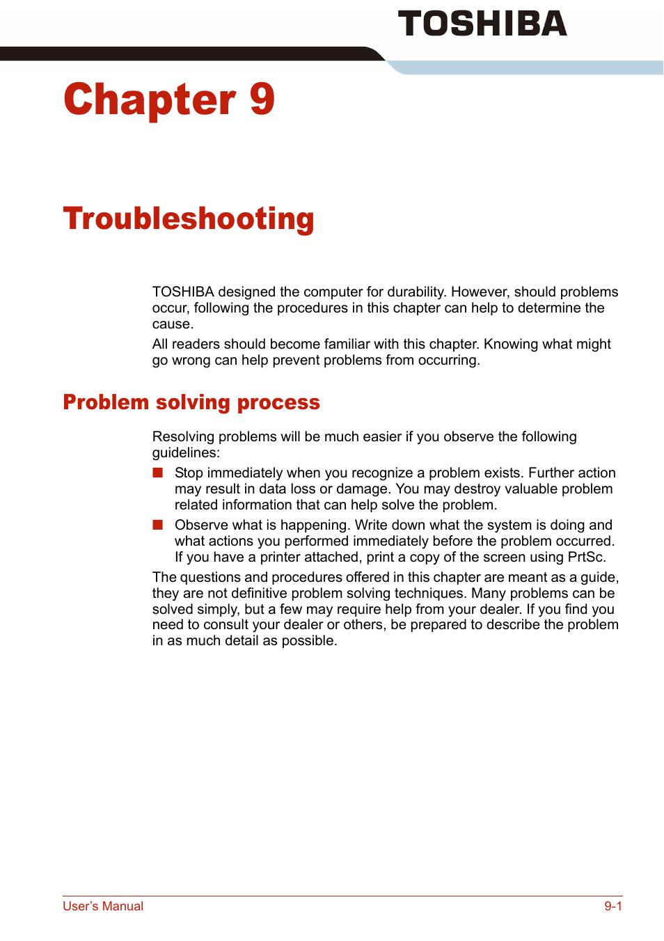 Chapter 9, Troubleshooting, Problem solving process | Problem solving process -1, Apter 9 | Toshiba U400 User Manual | Page 161 / 214