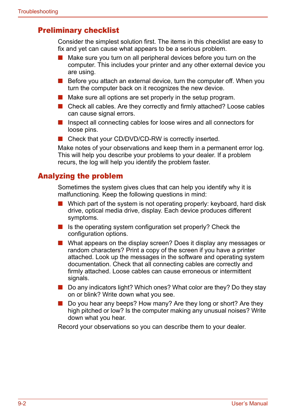 Preliminary checklist, Analyzing the problem, Preliminary checklist -2 analyzing the problem -2 | Toshiba U400 User Manual | Page 162 / 214