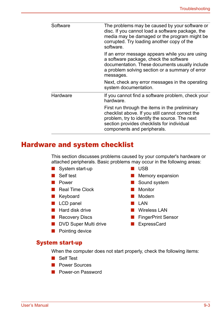 Hardware and system checklist, System start-up, Hardware and system checklist -3 | System start-up -3 | Toshiba U400 User Manual | Page 163 / 214