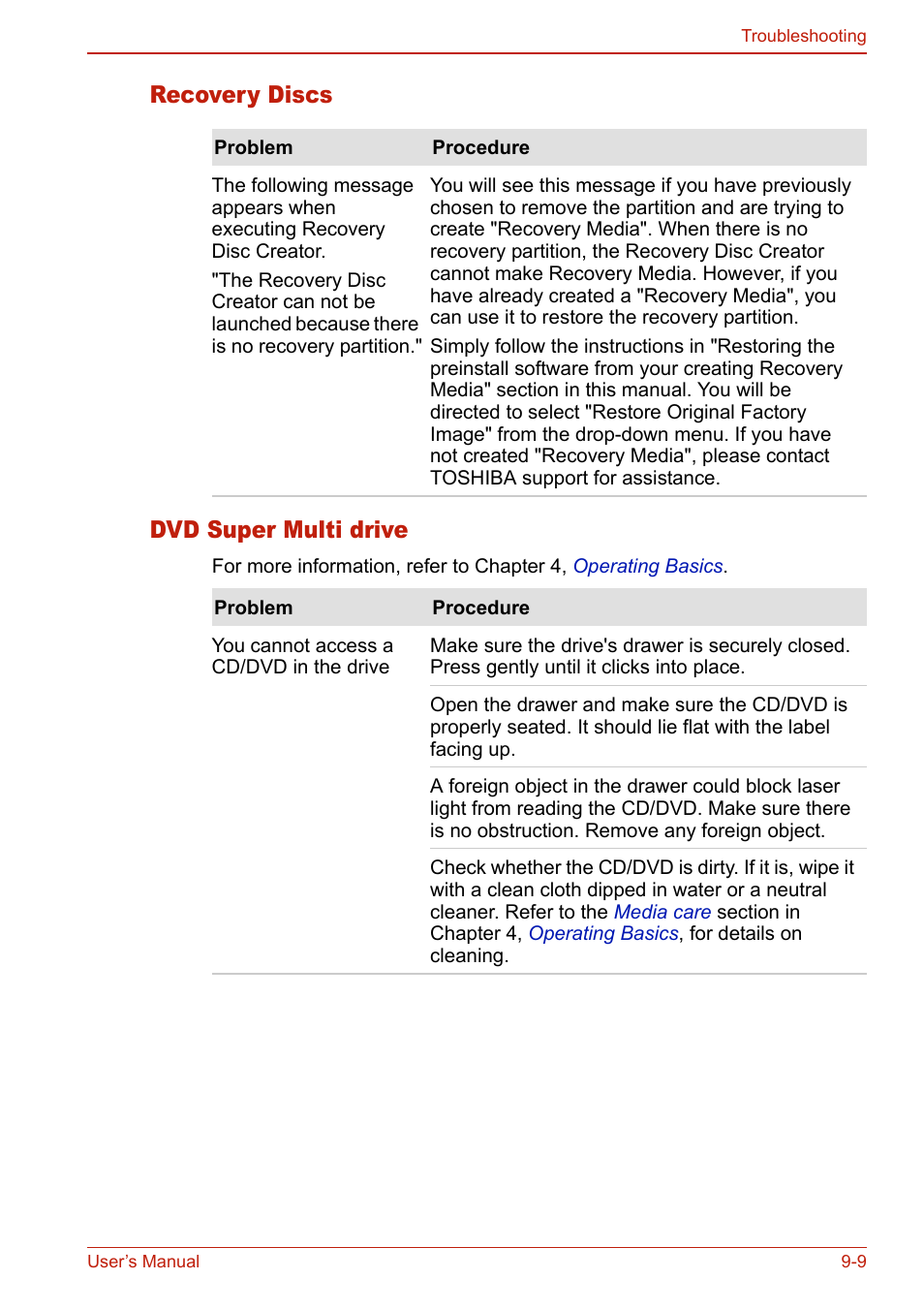 Recovery discs, Dvd super multi drive, Recovery discs -9 dvd super multi drive -9 | Recovery discs dvd super multi drive | Toshiba U400 User Manual | Page 169 / 214