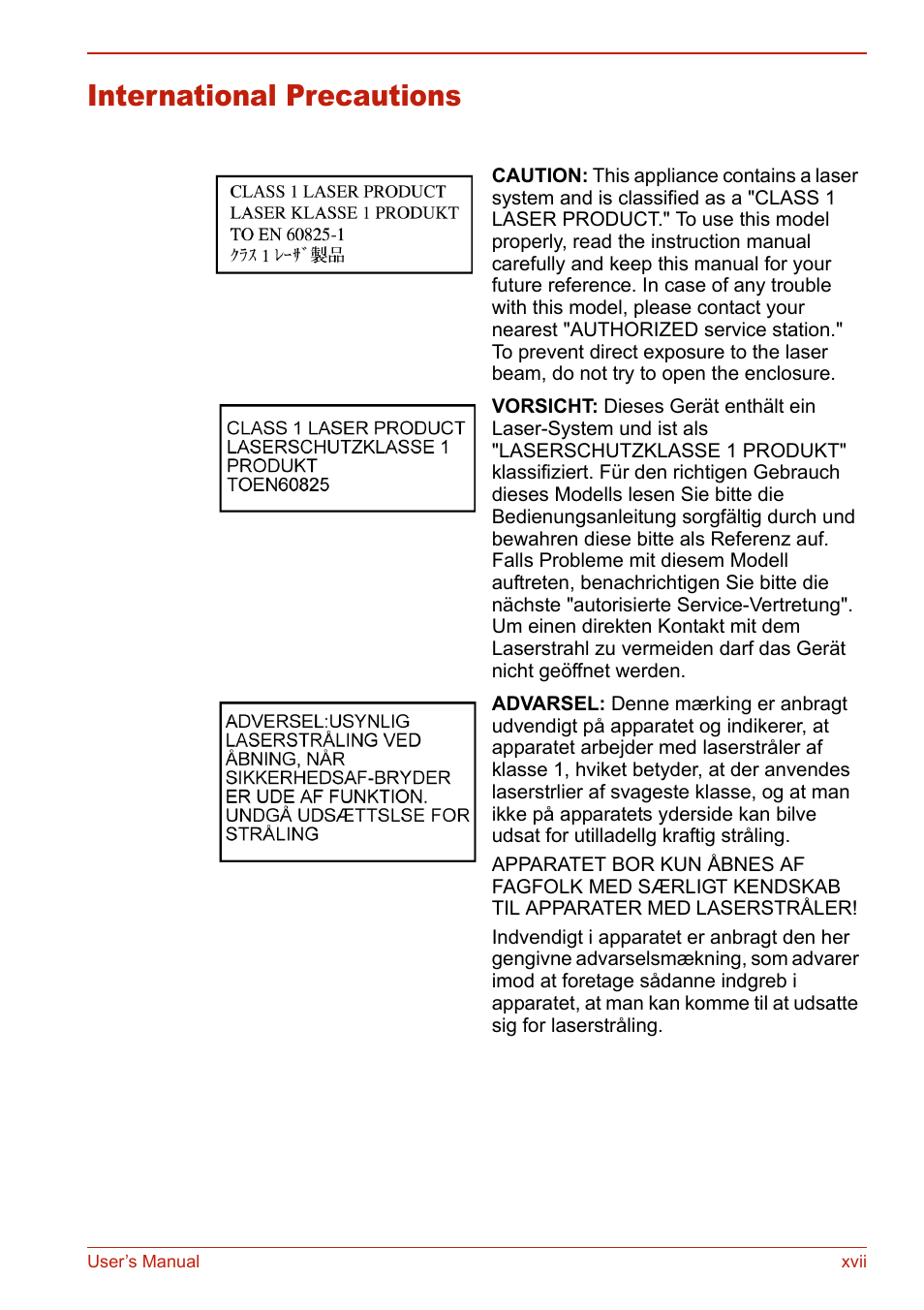 International precautions | Toshiba U400 User Manual | Page 17 / 214