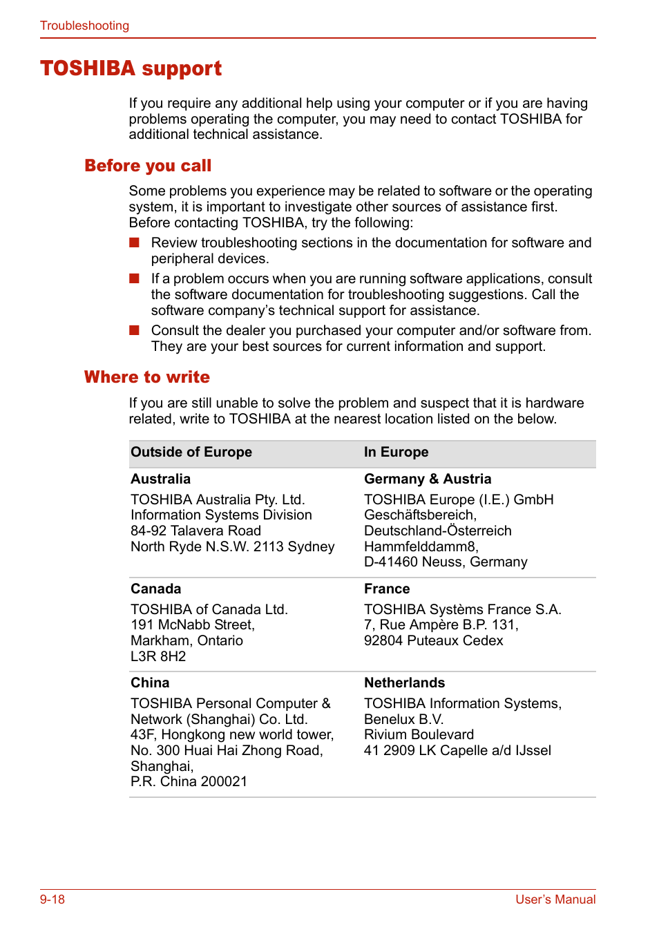 Toshiba support, Before you call, Where to write | Toshiba support -19, Before you call -19 where to write -19 | Toshiba U400 User Manual | Page 178 / 214