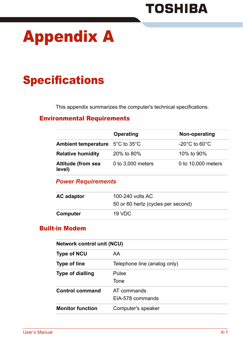 Appendix a, Specifications, Environmental requirements | Built-in modem, Appendices | Toshiba U400 User Manual | Page 181 / 214