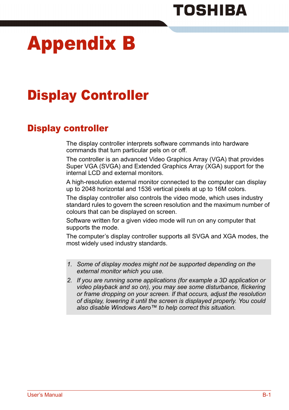 Appendix b, Display controller | Toshiba U400 User Manual | Page 185 / 214