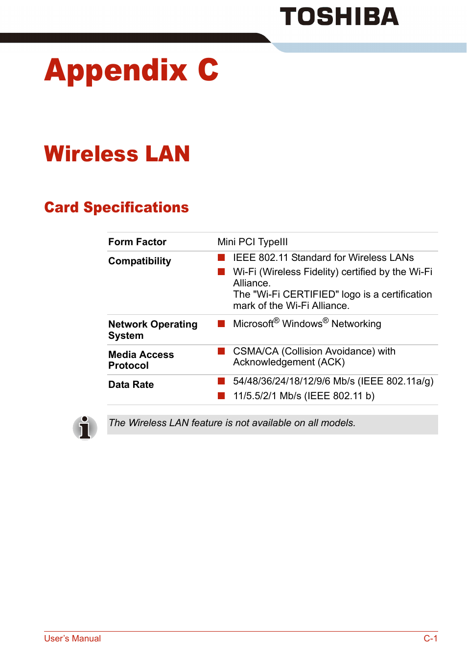 Appendix c, Wireless lan, Card specifications | Toshiba U400 User Manual | Page 187 / 214