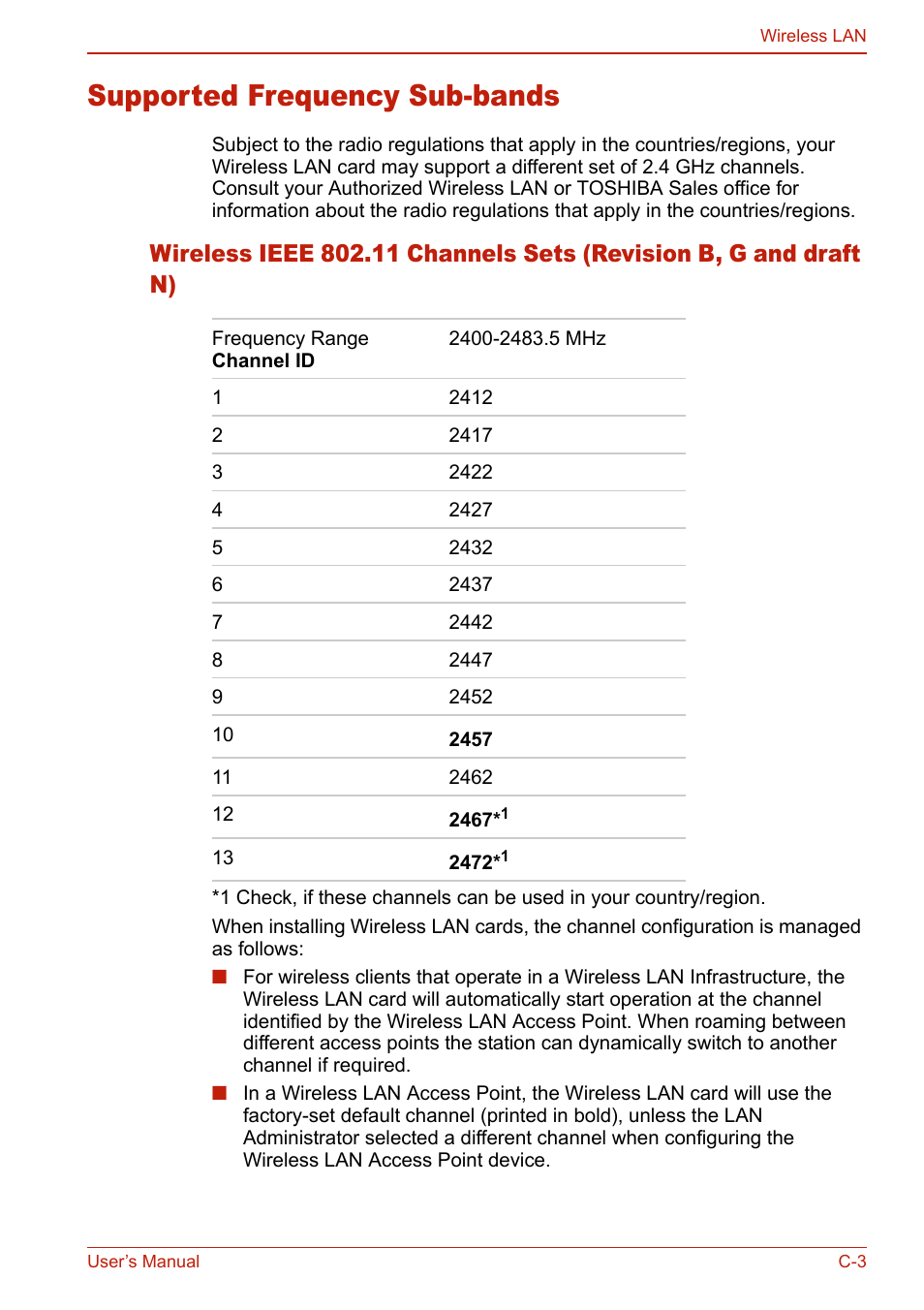 Supported frequency sub-bands | Toshiba U400 User Manual | Page 189 / 214