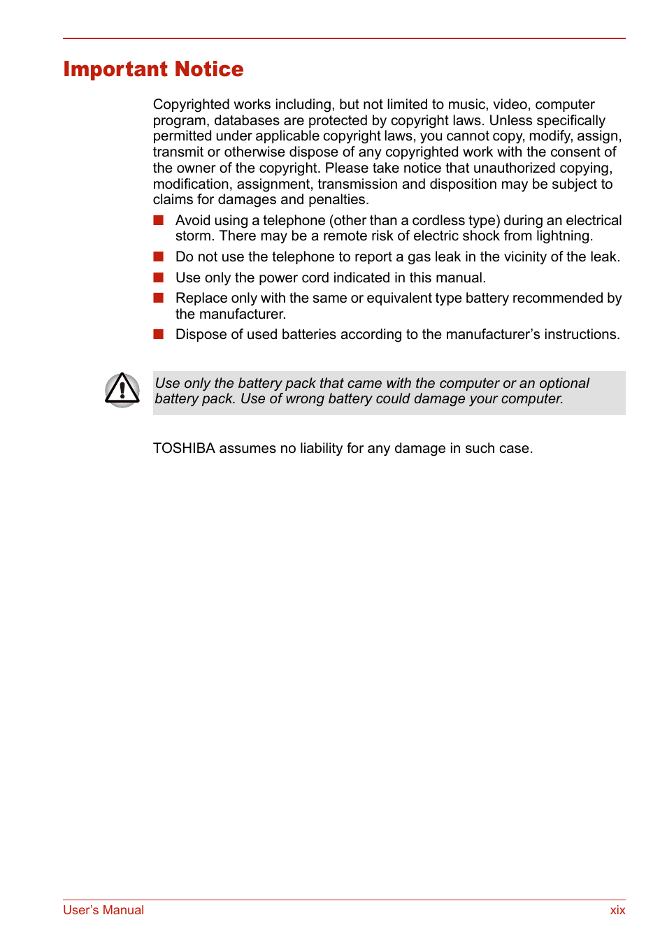 Important notice | Toshiba U400 User Manual | Page 19 / 214