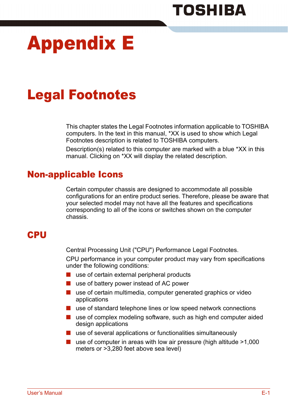 Appendix e, Legal footnotes, Non-applicable icons | Toshiba U400 User Manual | Page 193 / 214