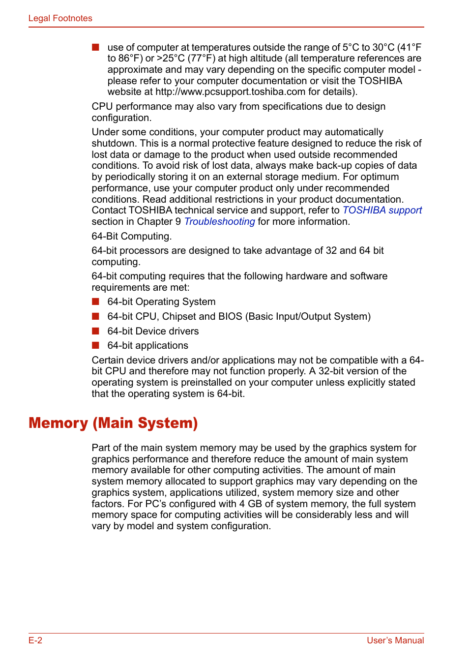 Memory (main system) | Toshiba U400 User Manual | Page 194 / 214