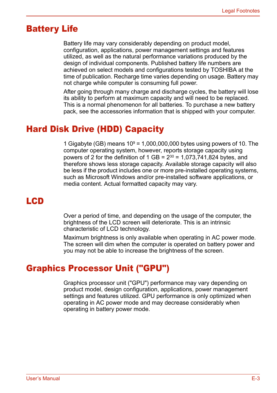 Battery life, Hard disk drive (hdd) capacity, Graphics processor unit ("gpu") | Toshiba U400 User Manual | Page 195 / 214