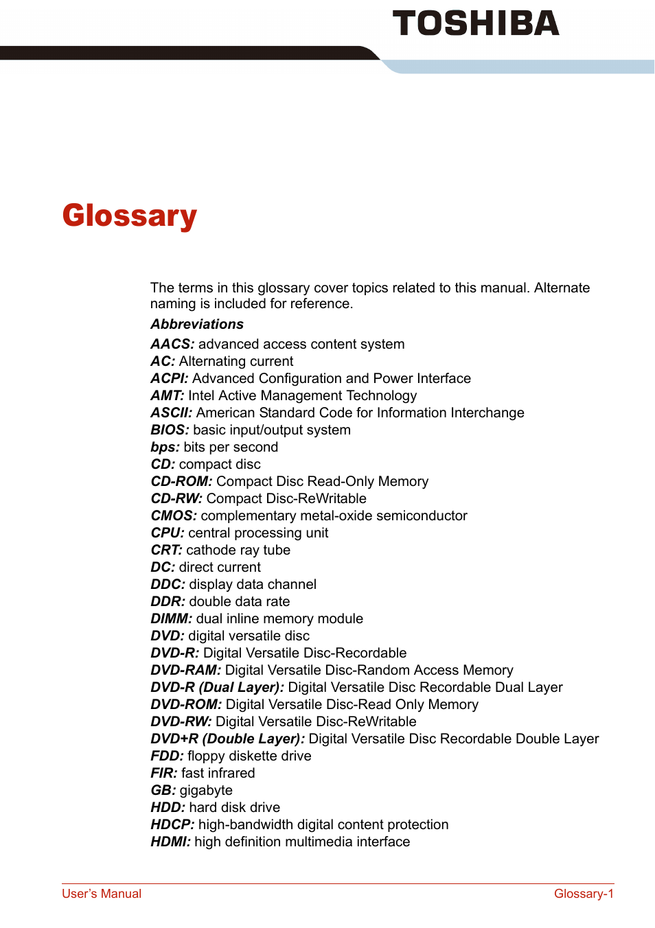 Glossary | Toshiba U400 User Manual | Page 197 / 214