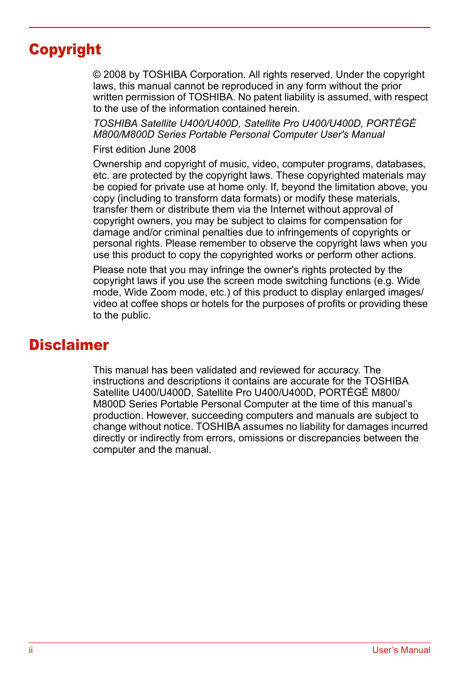 Copyright, Disclaimer | Toshiba U400 User Manual | Page 2 / 214