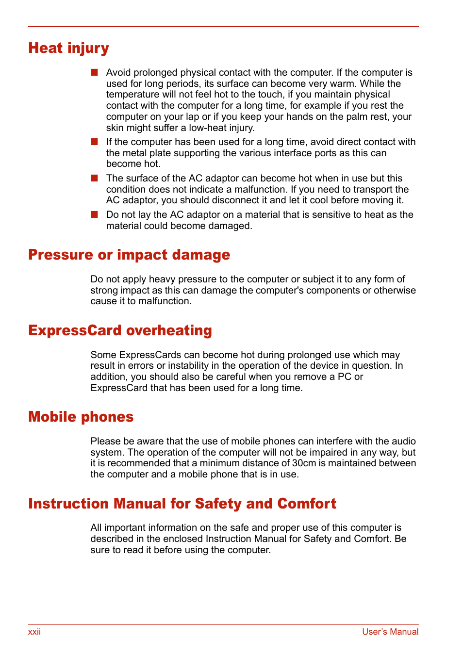 Heat injury, Pressure or impact damage, Expresscard overheating | Mobile phones, Instruction manual for safety and comfort | Toshiba U400 User Manual | Page 22 / 214