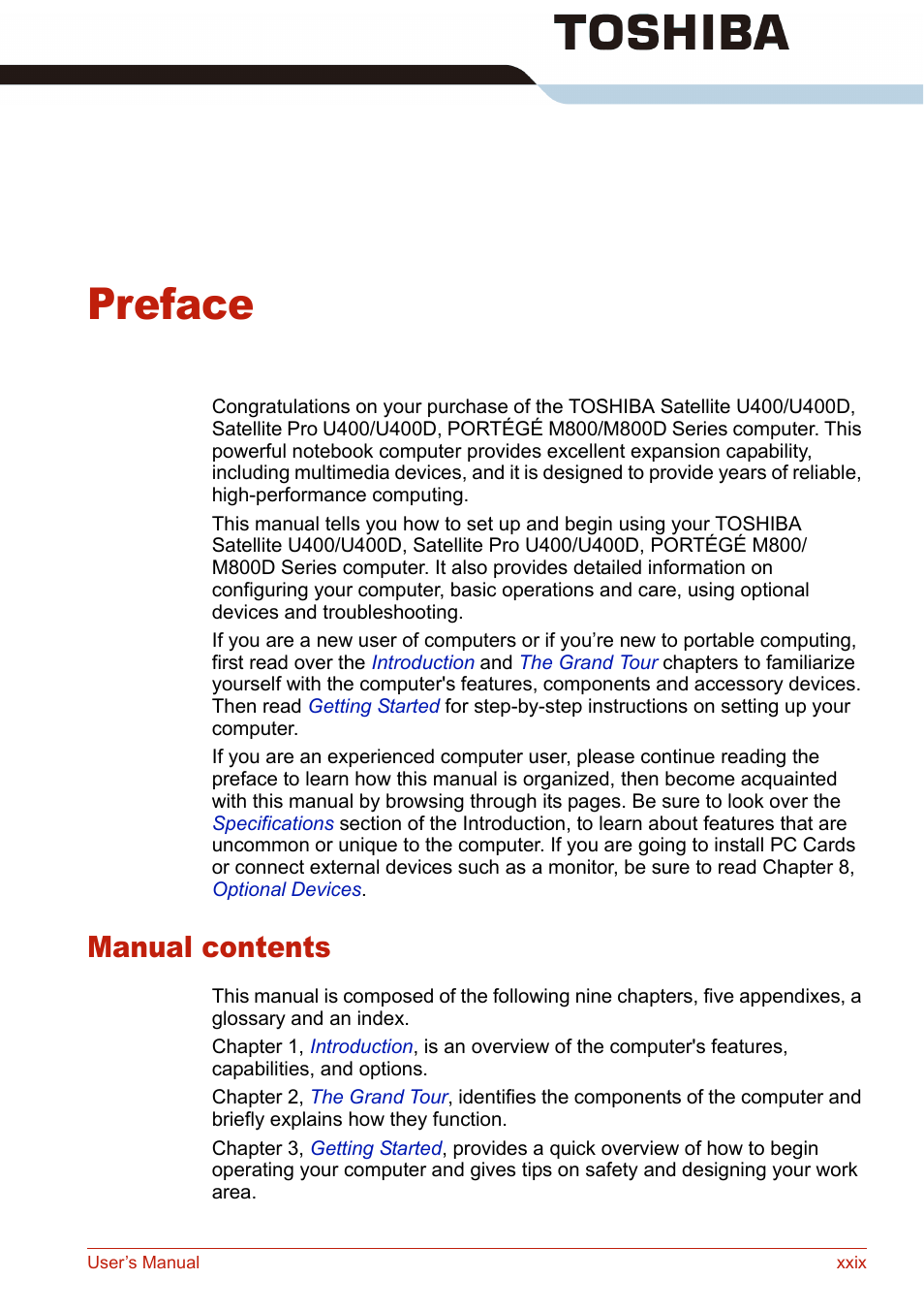 Preface, Manual contents | Toshiba U400 User Manual | Page 29 / 214