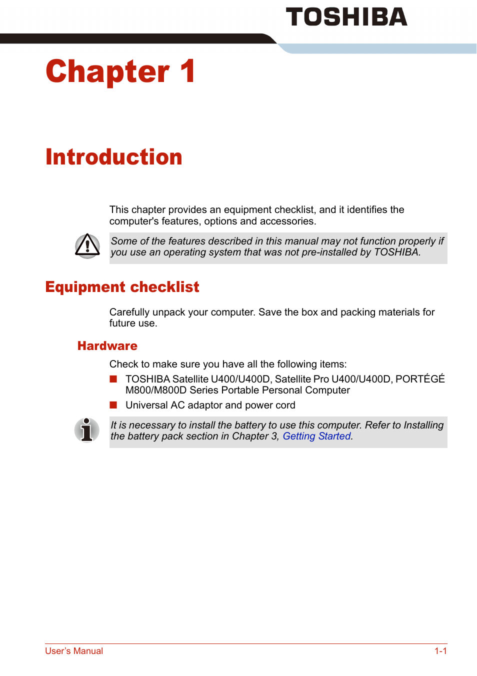 Chapter 1, Introduction, Equipment checklist | Hardware, Equipment checklist -1, Hardware -1, Is an overvie | Toshiba U400 User Manual | Page 33 / 214
