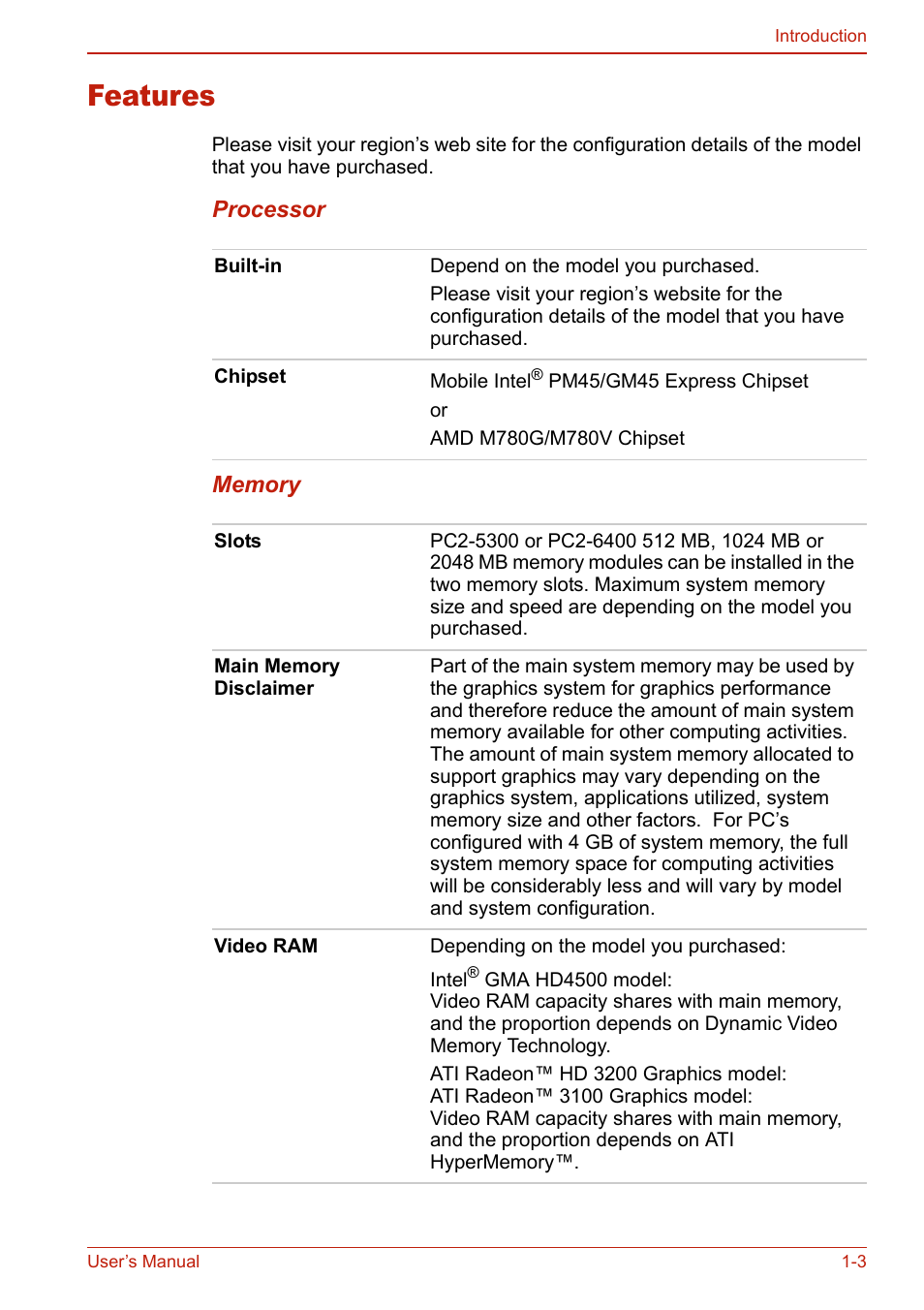Features, Features -3 | Toshiba U400 User Manual | Page 35 / 214