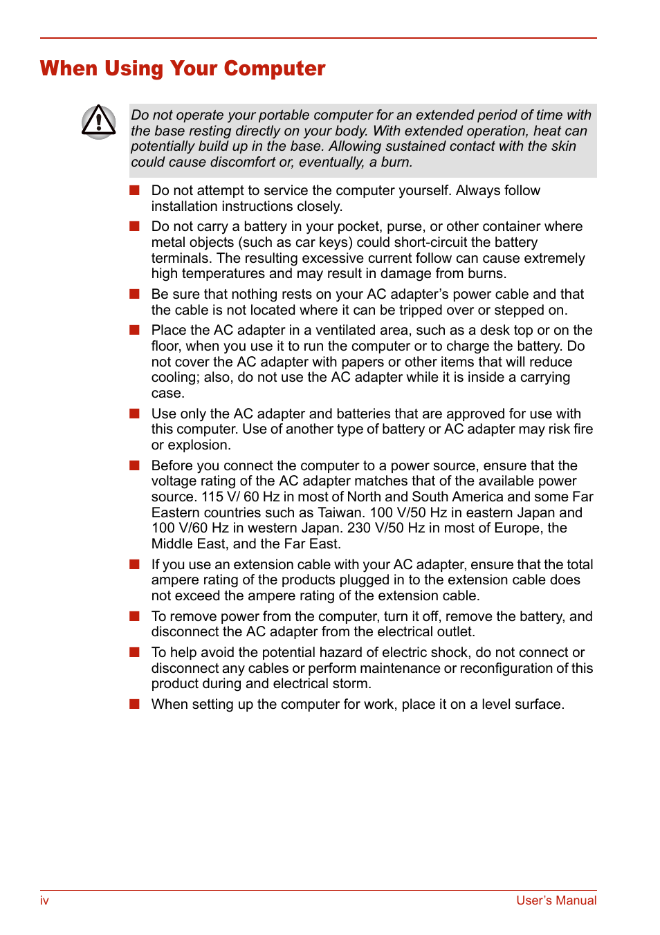 When using your computer | Toshiba U400 User Manual | Page 4 / 214