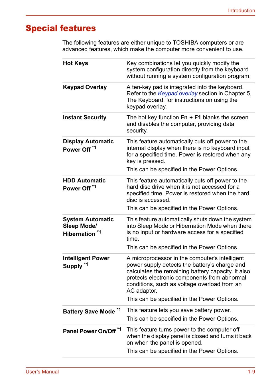 Special features, Special features -9 | Toshiba U400 User Manual | Page 41 / 214