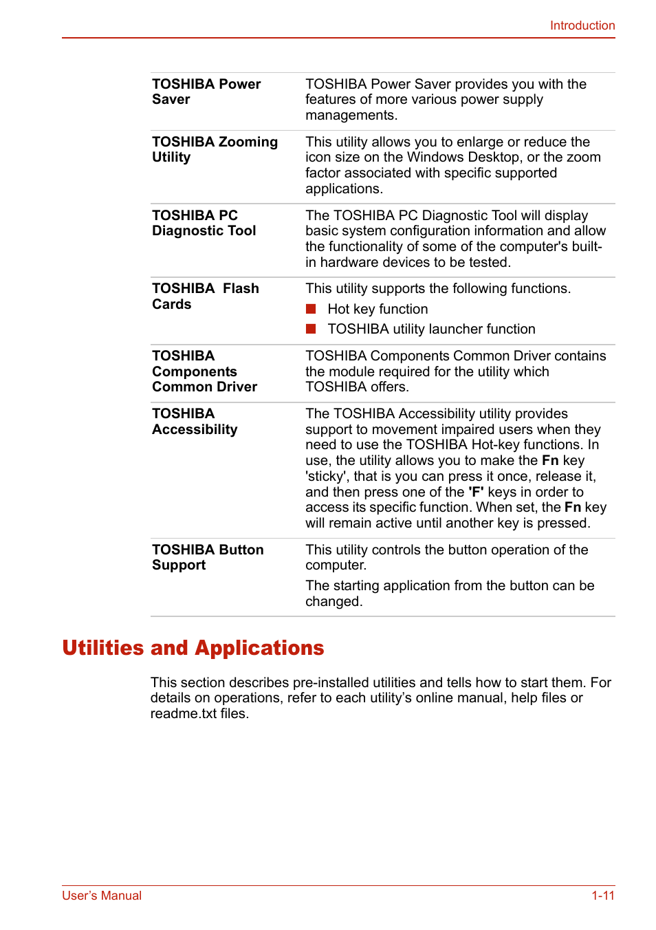 Utilities and applications, Utilities and applications -11 | Toshiba U400 User Manual | Page 43 / 214