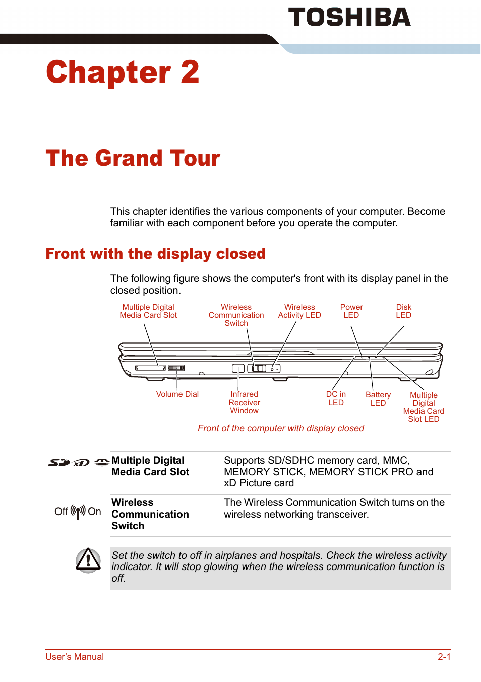 Chapter 2, The grand tour, Front with the display closed | Front with the display closed -1 | Toshiba U400 User Manual | Page 49 / 214