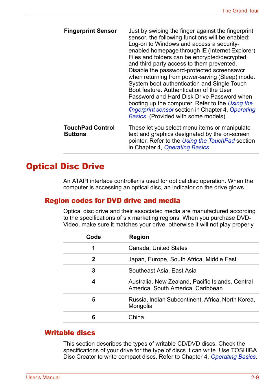 Optical disc drive, Region codes for dvd drive and media, Writable discs | Optical disc drive -9, Region codes for dvd drive and media -9, Writable discs -9 | Toshiba U400 User Manual | Page 57 / 214