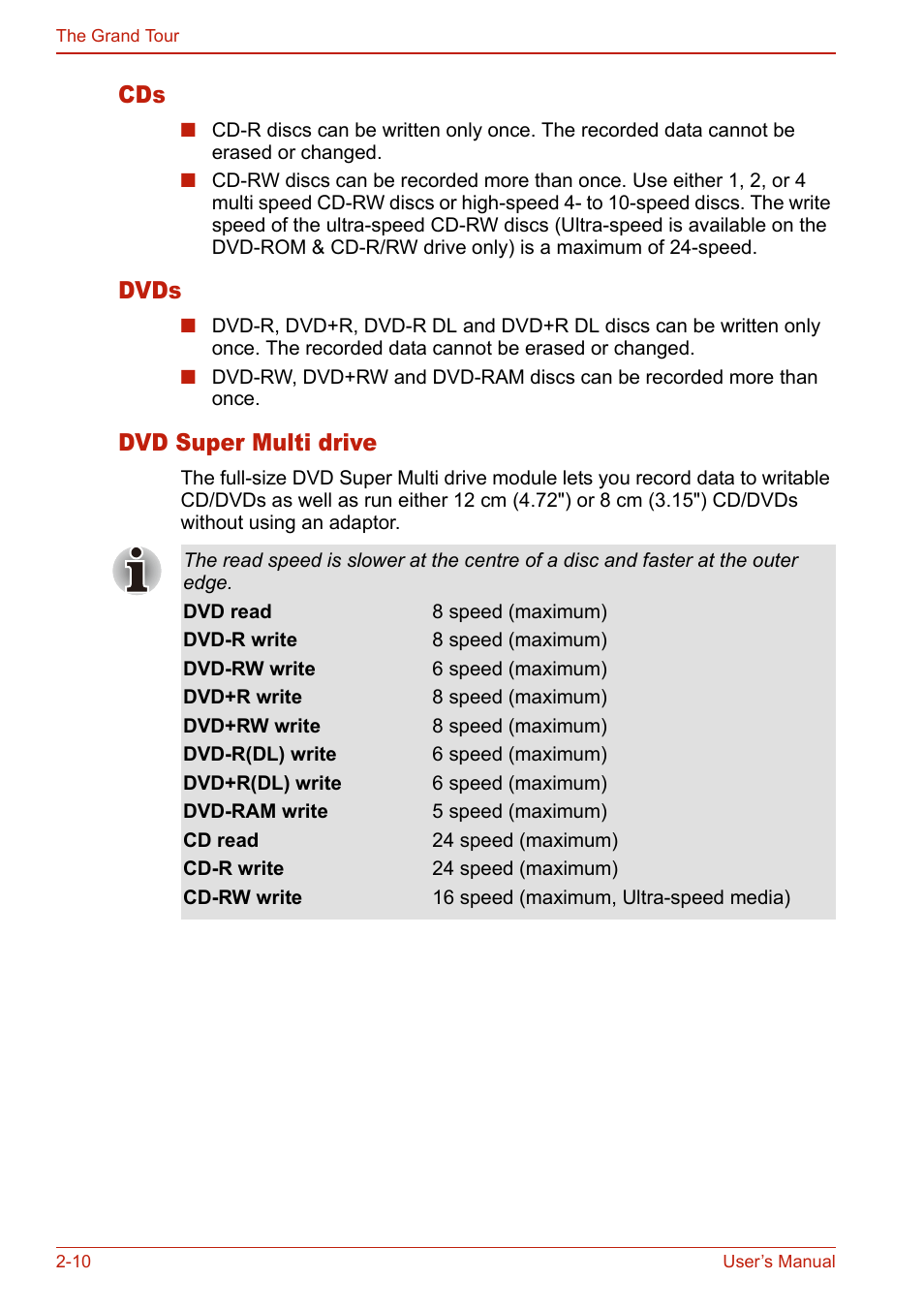 Dvds, Dvd super multi drive, Cds -10 dvds -10 dvd super multi drive -10 | Toshiba U400 User Manual | Page 58 / 214