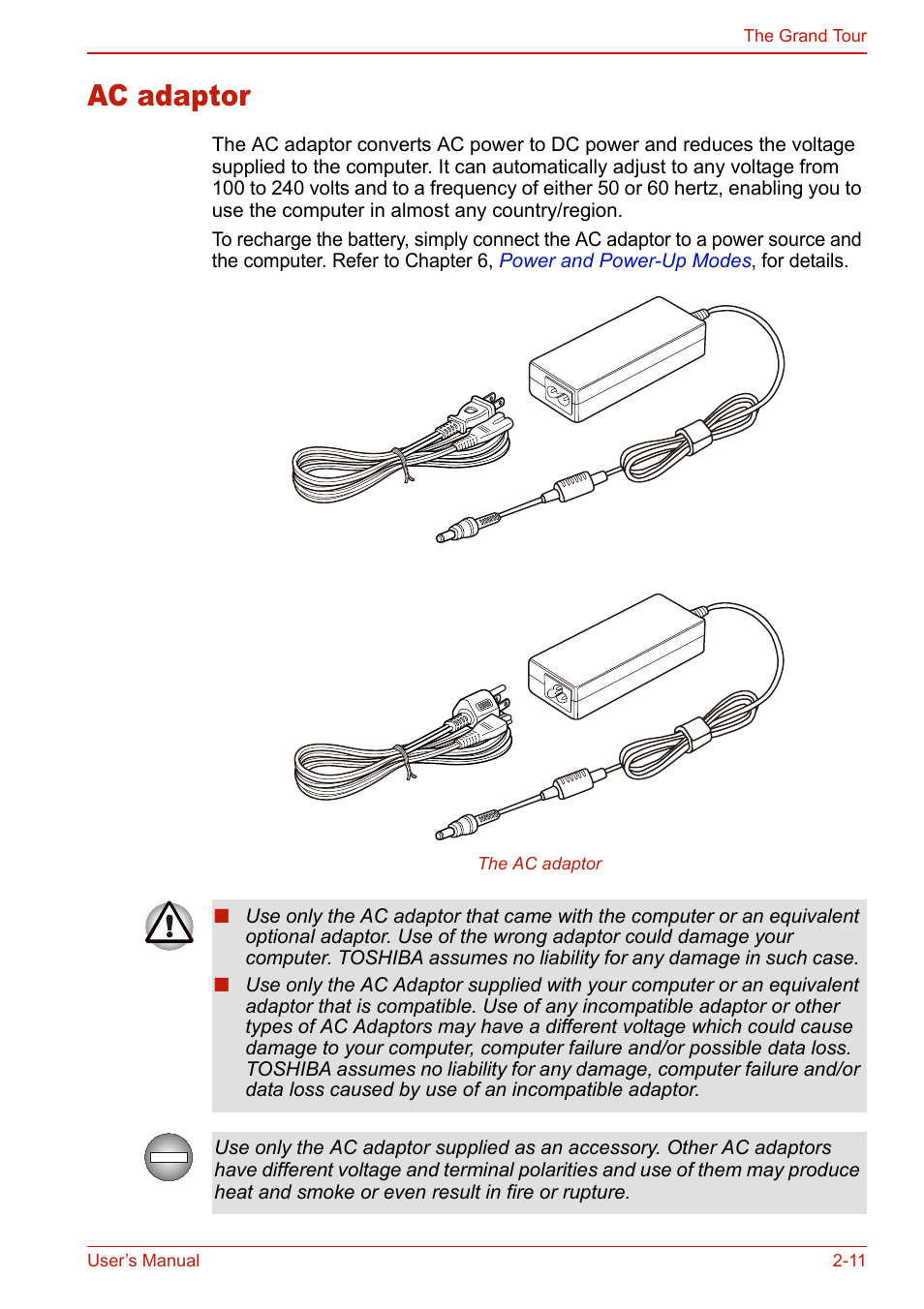 Ac adaptor, Ac adaptor -11 | Toshiba U400 User Manual | Page 59 / 214