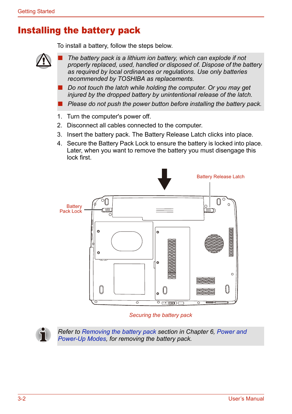 Installing the battery pack, Installing the battery pack -2 | Toshiba U400 User Manual | Page 68 / 214