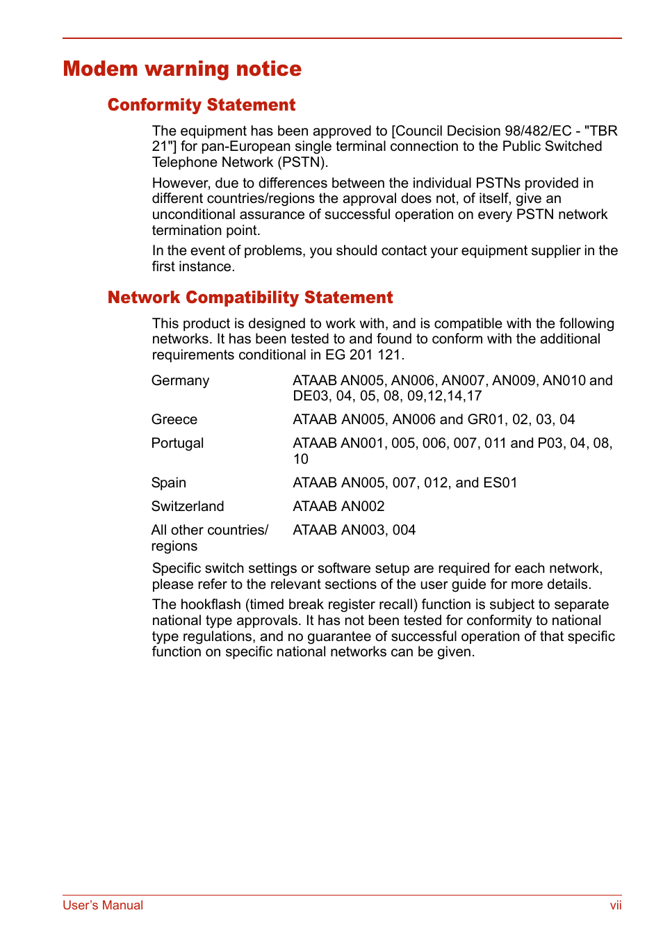 Modem warning notice, Conformity statement, Network compatibility statement | Toshiba U400 User Manual | Page 7 / 214