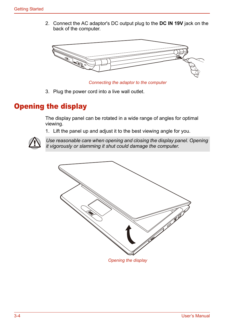 Opening the display, Opening the display -4 | Toshiba U400 User Manual | Page 70 / 214