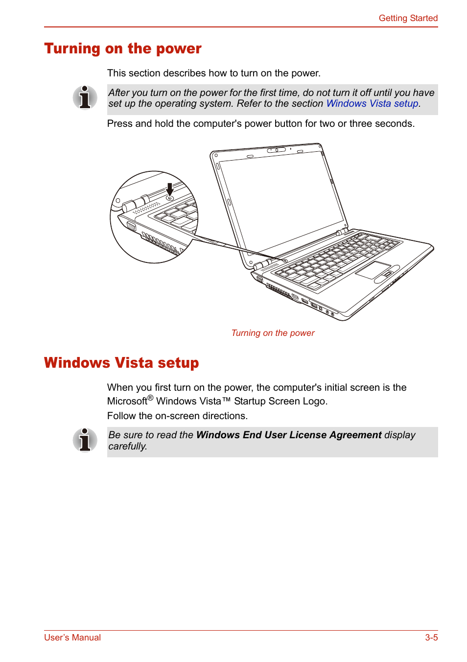 Turning on the power, Windows vista setup, Turning on the power -5 windows vista setup -5 | Toshiba U400 User Manual | Page 71 / 214
