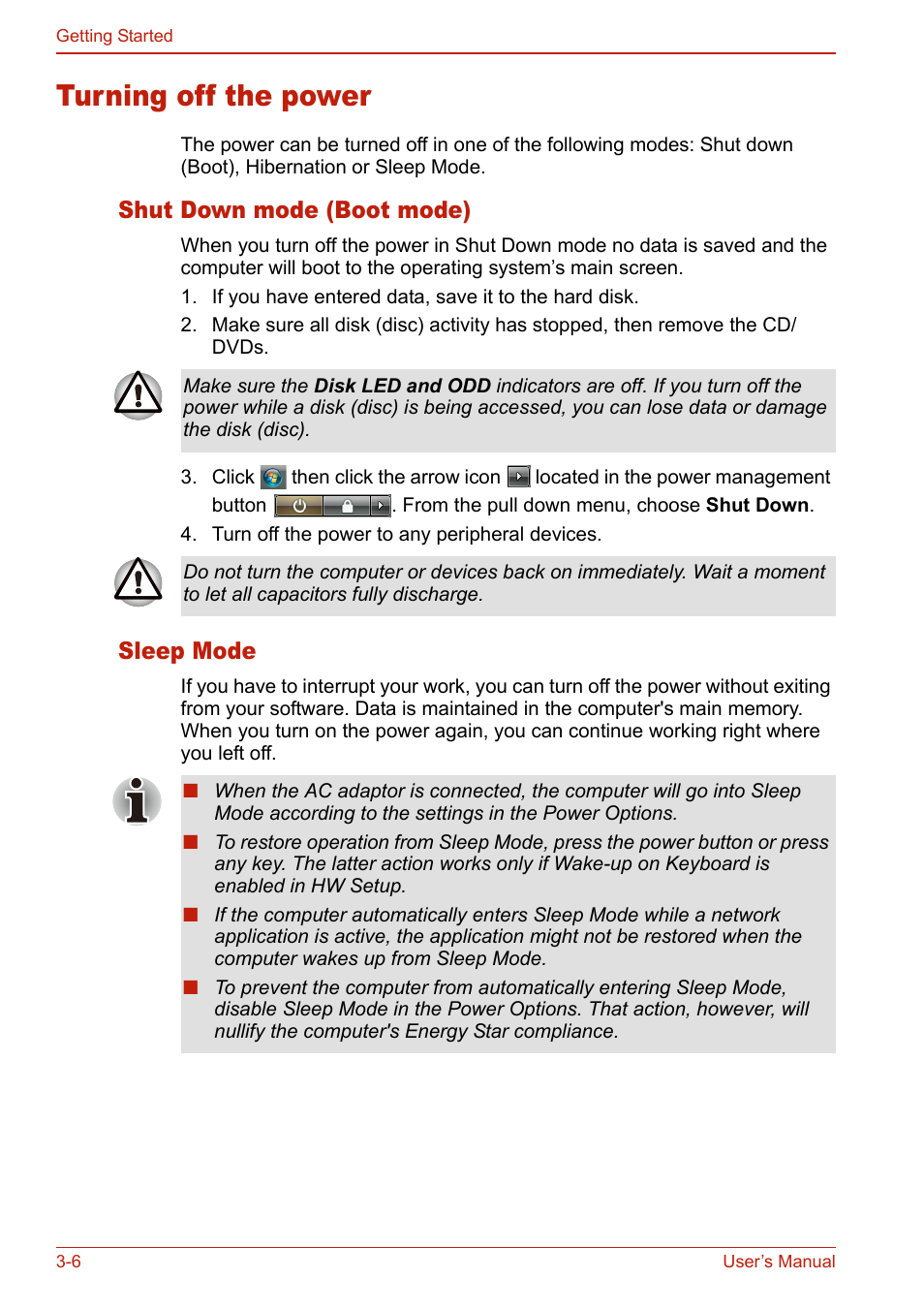 Turning off the power, Shut down mode (boot mode), Sleep mode | Turning off the power -6, Shut down mode (boot mode) -6 sleep mode -6 | Toshiba U400 User Manual | Page 72 / 214