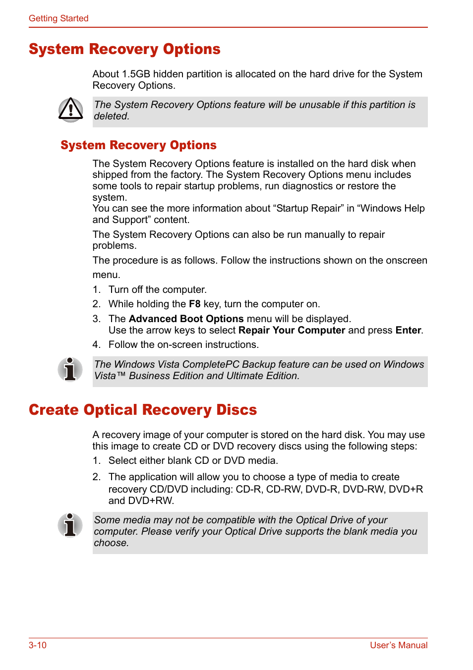 System recovery options, Create optical recovery discs, System recovery options -10 | Create optical recovery discs -10 | Toshiba U400 User Manual | Page 76 / 214