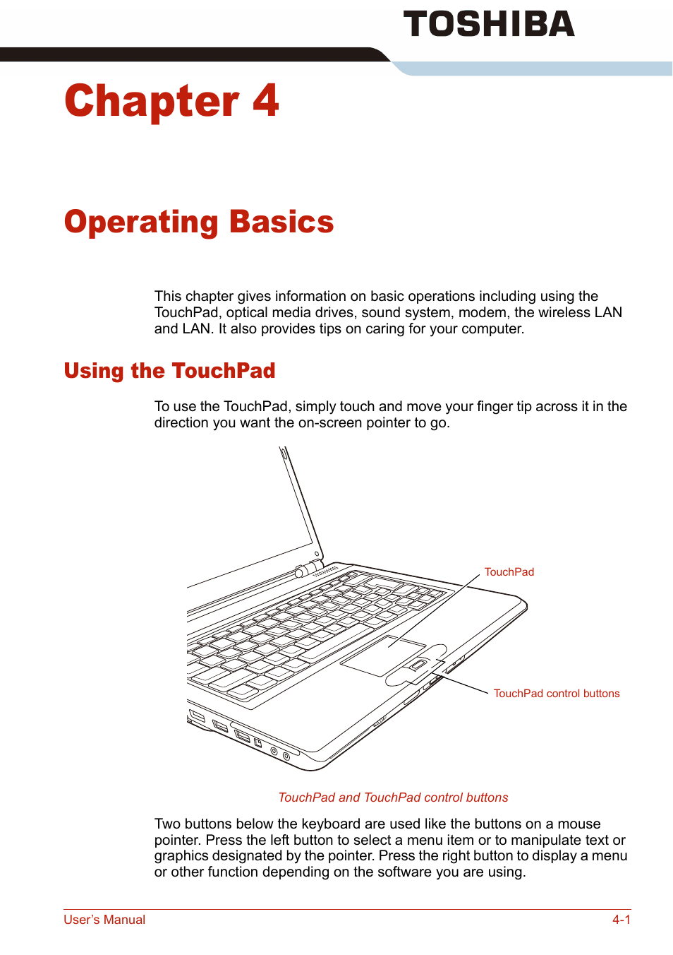 Chapter 4, Operating basics, Using the touchpad | Using the touchpad -1, Operating, Basics | Toshiba U400 User Manual | Page 79 / 214