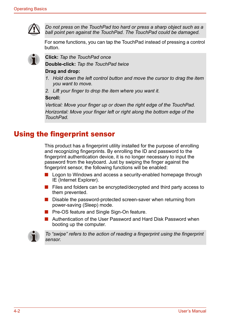 Using the fingerprint sensor, Using the fingerprint sensor -2, Using the | Fingerprint sensor, Section in chap | Toshiba U400 User Manual | Page 80 / 214