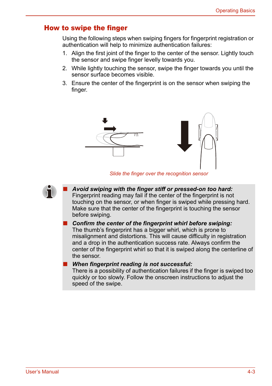 How to swipe the finger, How to swipe the finger -3 | Toshiba U400 User Manual | Page 81 / 214