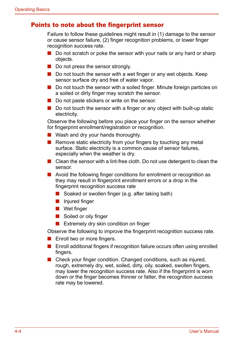 Points to note about the fingerprint sensor, Points to note about the fingerprint sensor -4 | Toshiba U400 User Manual | Page 82 / 214