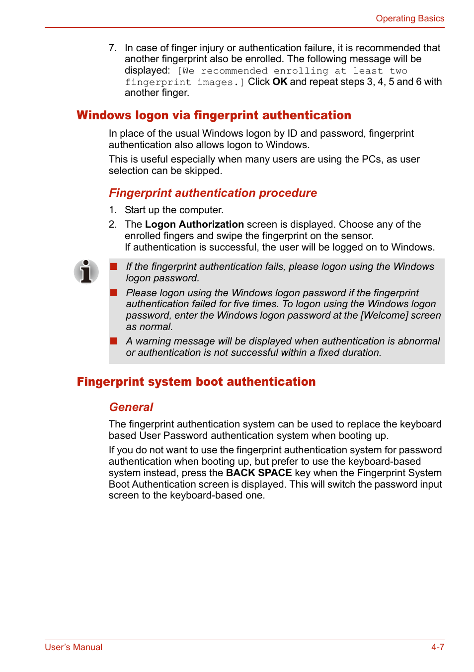 Windows logon via fingerprint authentication, Fingerprint system boot authentication | Toshiba U400 User Manual | Page 85 / 214