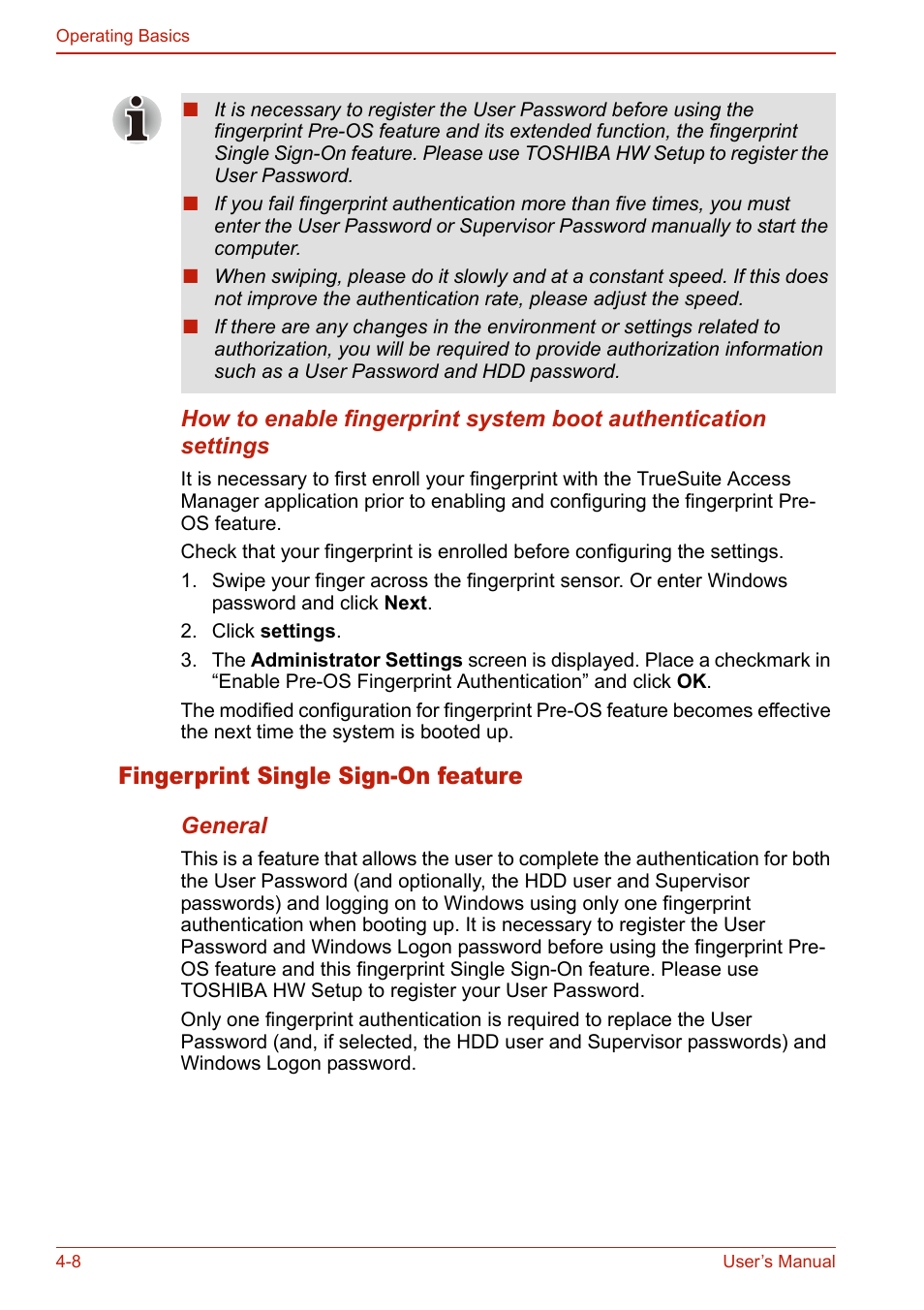 Fingerprint single sign-on feature, Fingerprint single sign-on feature -8 | Toshiba U400 User Manual | Page 86 / 214