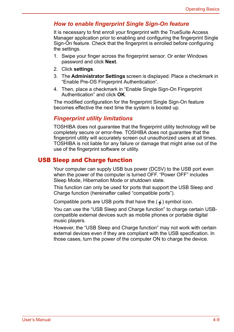 Usb sleep and charge function, Usb sleep and charge function -9 | Toshiba U400 User Manual | Page 87 / 214