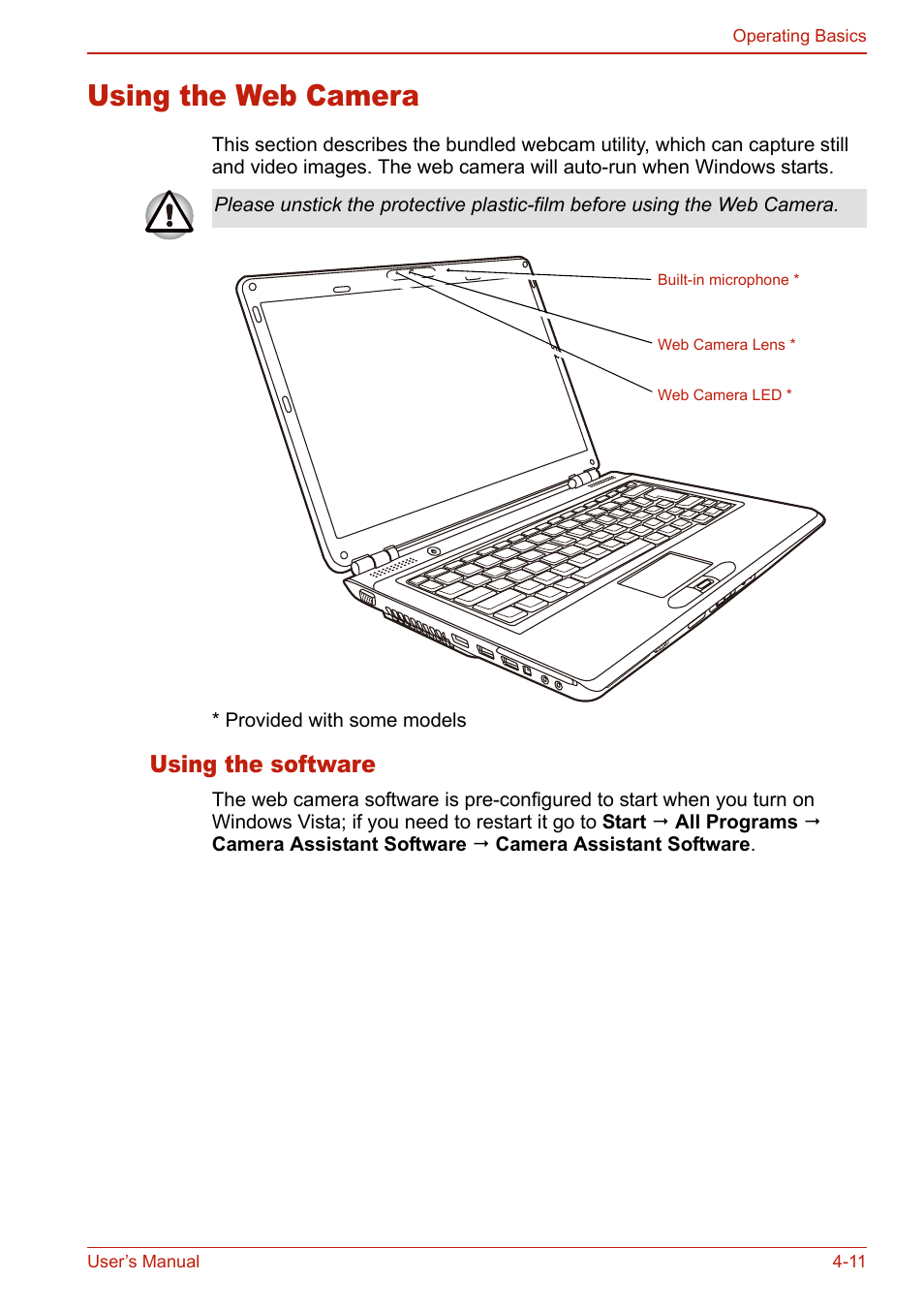 Using the web camera, Using the software, Using the web camera -11 | Using the software -11 | Toshiba U400 User Manual | Page 89 / 214