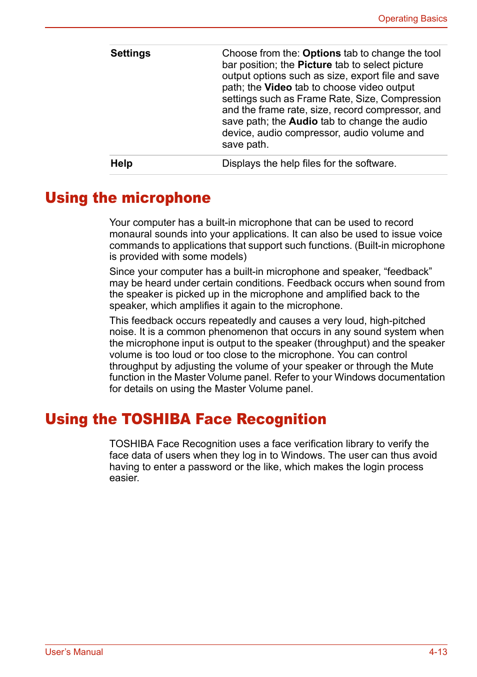 Using the microphone, Using the toshiba face recognition, Using the microphone -13 | Using the toshiba face recognition -13 | Toshiba U400 User Manual | Page 91 / 214