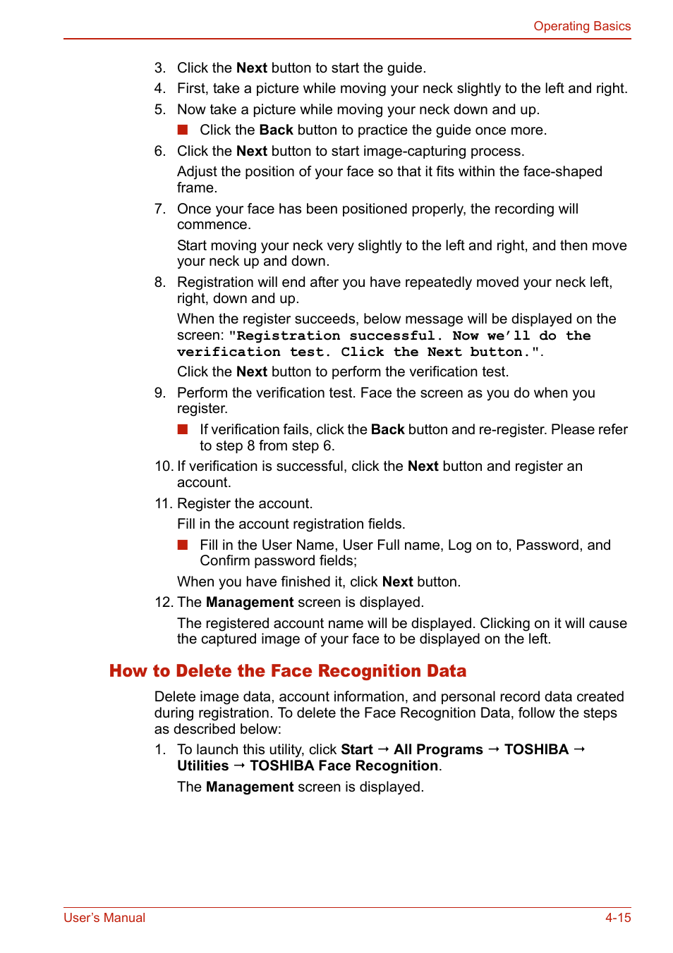 How to delete the face recognition data, How to delete the face recognition data -15 | Toshiba U400 User Manual | Page 93 / 214