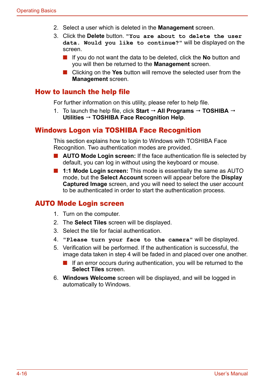 How to launch the help file, Windows logon via toshiba face recognition, Auto mode login screen | Toshiba U400 User Manual | Page 94 / 214