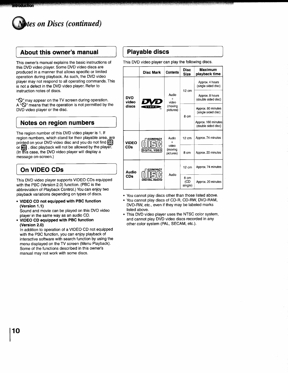 Tes on discs (continued), About this owner’s manual, Playable discs | About this owner’s manual playable discs, On video cds, Jjya, Dsie | Toshiba SD-1200U User Manual | Page 10 / 47