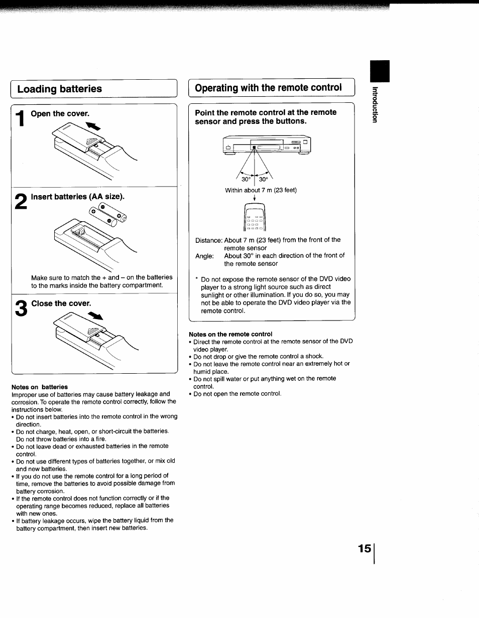 Loading batteries, Operating with the remote control | Toshiba SD-1200U User Manual | Page 15 / 47