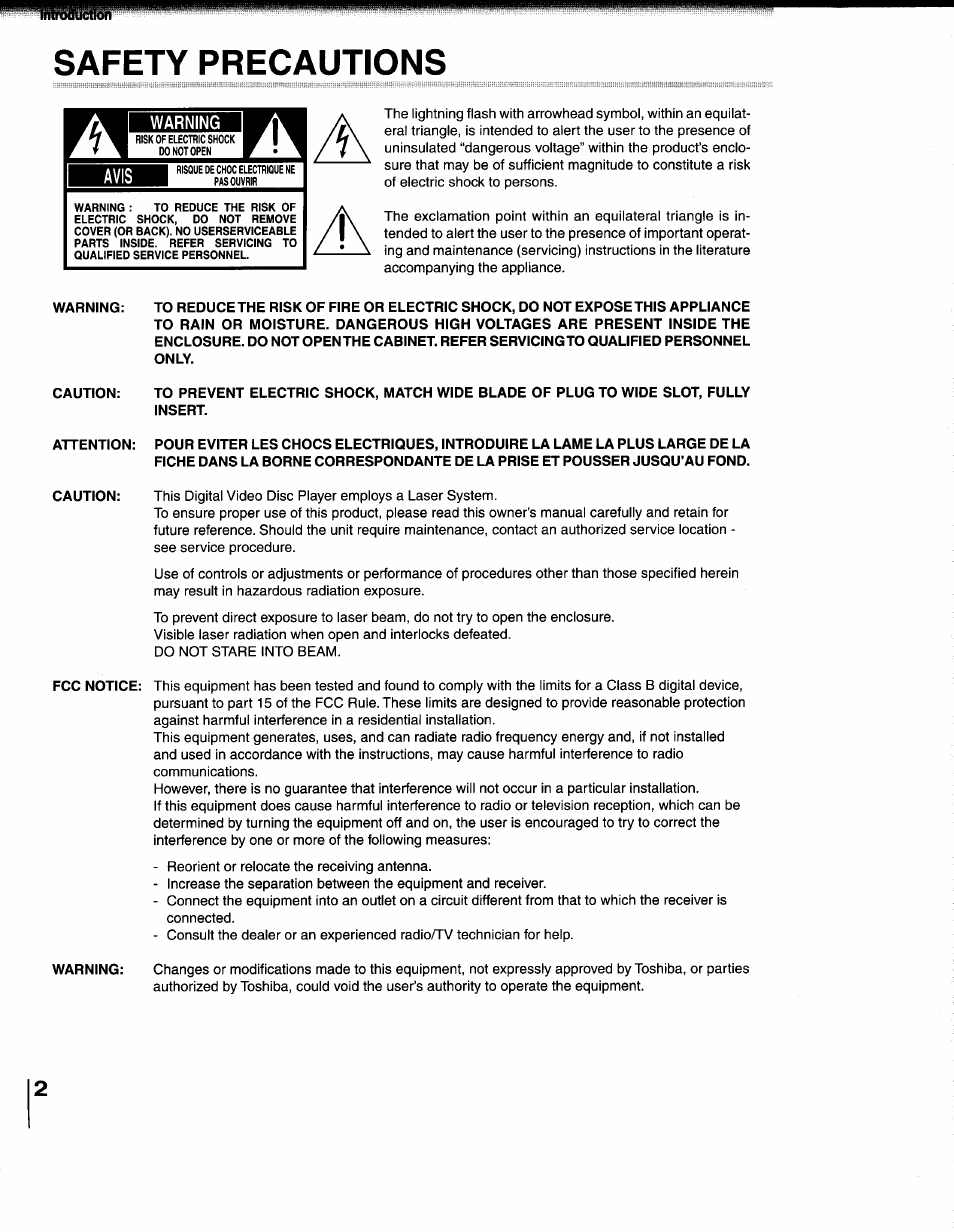 Warning, Safety precautions | Toshiba SD-1200U User Manual | Page 2 / 47