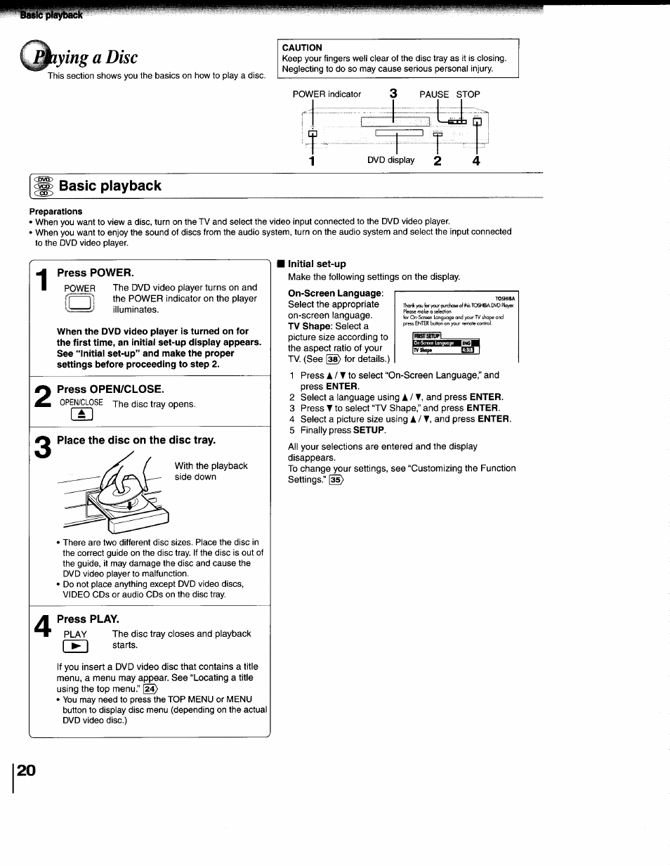 Lying a disc, Basic playback, Press power | Press open/close, Press play, Playing a disc | Toshiba SD-1200U User Manual | Page 20 / 47