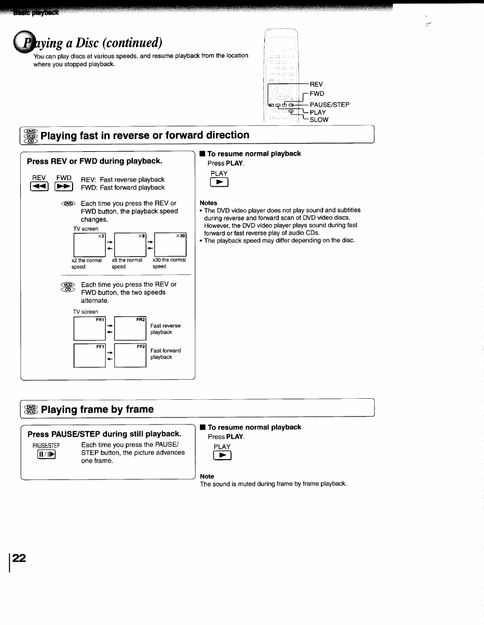 Lying a disc (continued), Playing fast in reverse or forward direction, Playing frame by frame | Toshiba SD-1200U User Manual | Page 22 / 47