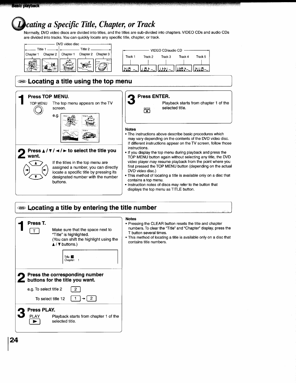 Cating a specific titky chaptevy or track, Locating a title using the top menu, Press top menu | Press a/t/'4/^to select the title you want, Press enter, Locating a title by entering the title number, Press t, Press play | Toshiba SD-1200U User Manual | Page 24 / 47